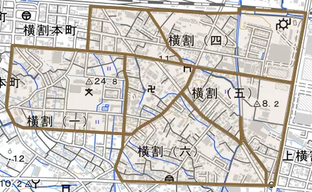 横割とその周辺の地図。町の範囲を重ねている
