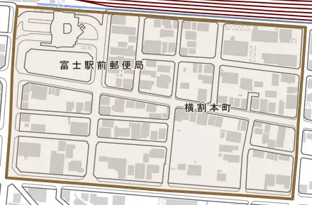 横割本町とその周辺の地図。町の範囲を重ねている