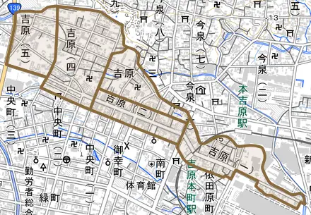 吉原とその周辺の地図。町の範囲を重ねている