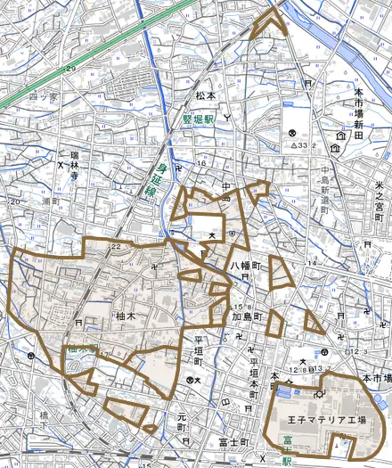 柚木とその周辺の地図。町の範囲を重ねている