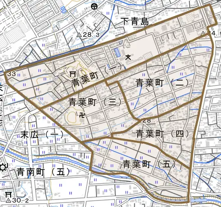 青葉町とその周辺の地図。町の範囲を重ねている