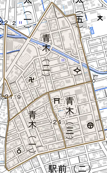 青木とその周辺の地図。町の範囲を重ねている
