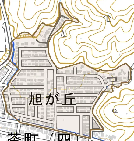 旭が丘とその周辺の地図。町の範囲を重ねている