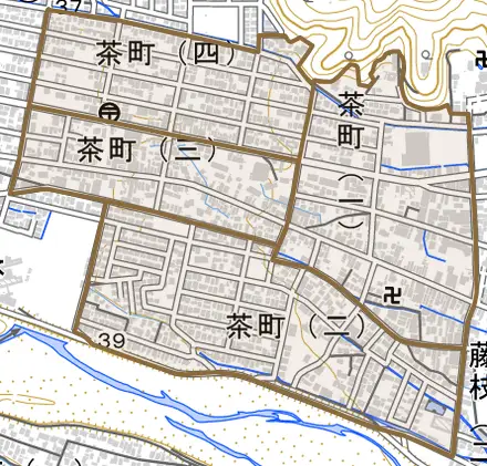 茶町とその周辺の地図。町の範囲を重ねている