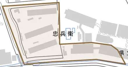 忠兵衛とその周辺の地図。町の範囲を重ねている