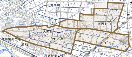 大西町とその周辺の地図。町の範囲を重ねている