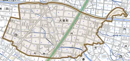 大東町とその周辺の地図。町の範囲を重ねている