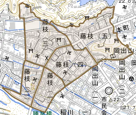 藤枝とその周辺の地図。町の範囲を重ねている