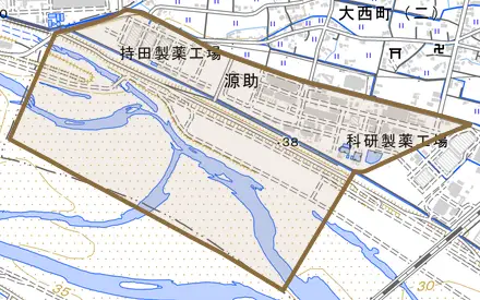 源助とその周辺の地図。町の範囲を重ねている