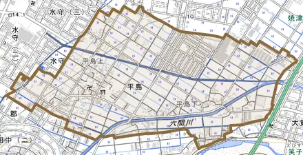 平島とその周辺の地図。町の範囲を重ねている