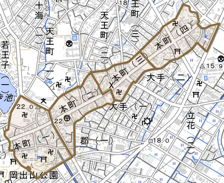 本町とその周辺の地図。町の範囲を重ねている