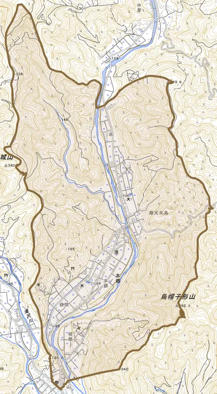 本郷とその周辺の地図。町の範囲を重ねている