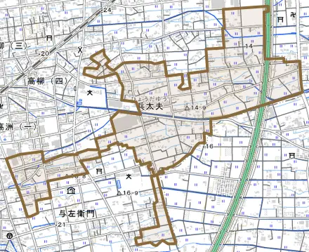兵太夫とその周辺の地図。町の範囲を重ねている