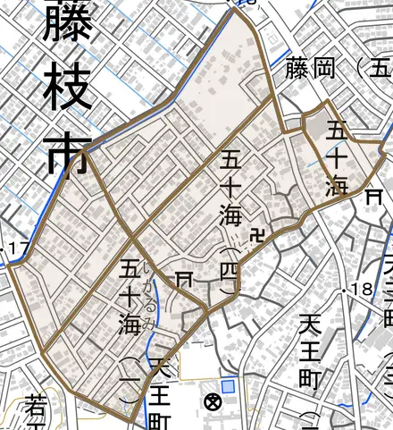 五十海とその周辺の地図。町の範囲を重ねている