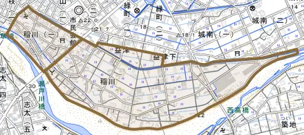 稲川とその周辺の地図。町の範囲を重ねている