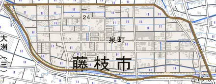 泉町とその周辺の地図。町の範囲を重ねている