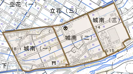 城南とその周辺の地図。町の範囲を重ねている