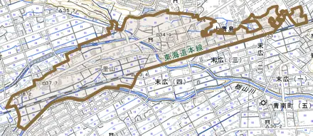 上青島とその周辺の地図。町の範囲を重ねている