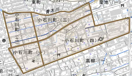 小石川町とその周辺の地図。町の範囲を重ねている