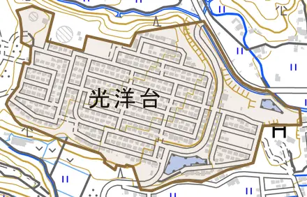光洋台とその周辺の地図。町の範囲を重ねている