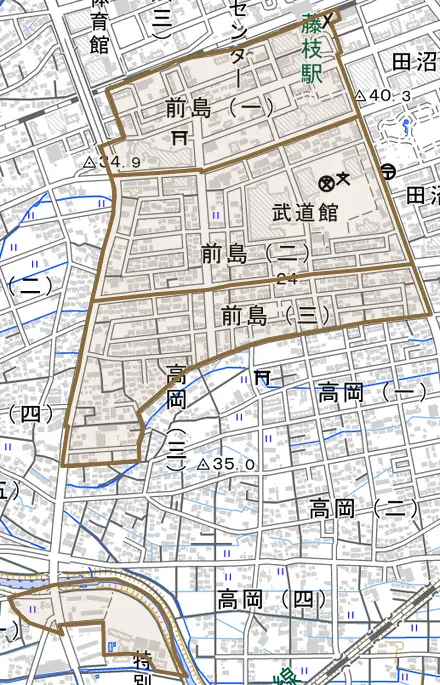 前島とその周辺の地図。町の範囲を重ねている