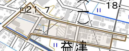 益津とその周辺の地図。町の範囲を重ねている