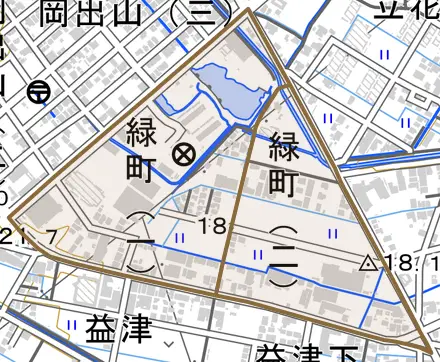 緑町とその周辺の地図。町の範囲を重ねている