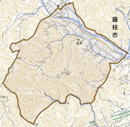 宮原とその周辺の地図。町の範囲を重ねている