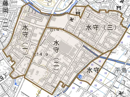 水守とその周辺の地図。町の範囲を重ねている