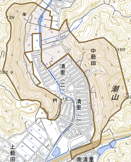 中藪田とその周辺の地図。町の範囲を重ねている