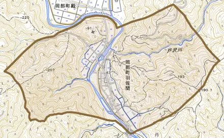 岡部町羽佐間とその周辺の地図。町の範囲を重ねている