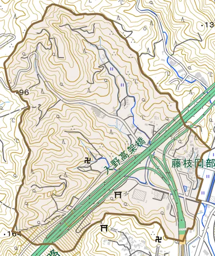 岡部町入野とその周辺の地図。町の範囲を重ねている