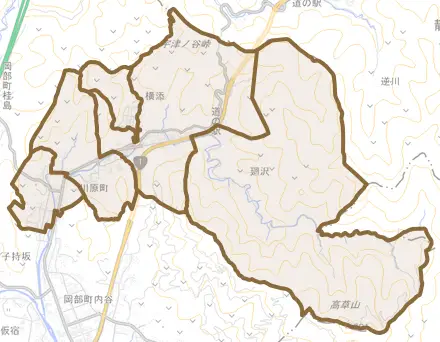 岡部町岡部とその周辺の地図。町の範囲を重ねている