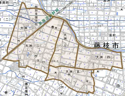 大洲とその周辺の地図。町の範囲を重ねている