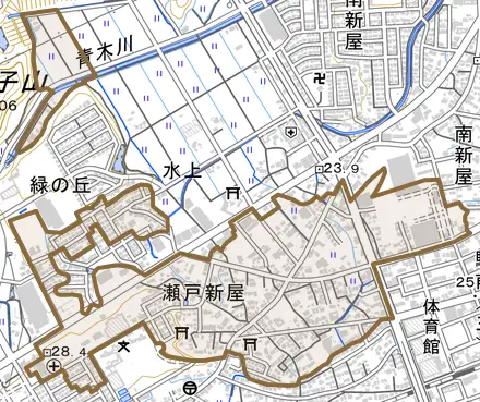 瀬戸新屋とその周辺の地図。町の範囲を重ねている