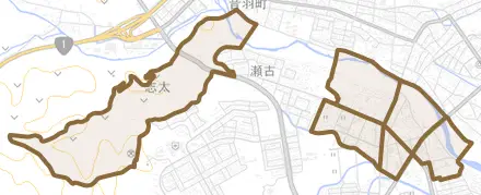 志太とその周辺の地図。町の範囲を重ねている