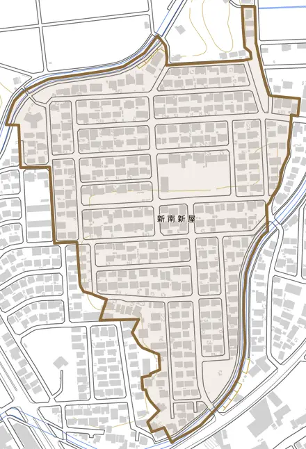 新南新屋とその周辺の地図。町の範囲を重ねている