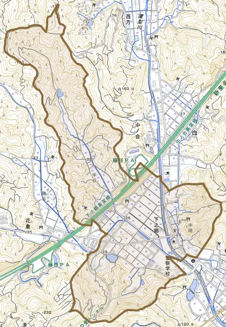 下之郷とその周辺の地図。町の範囲を重ねている