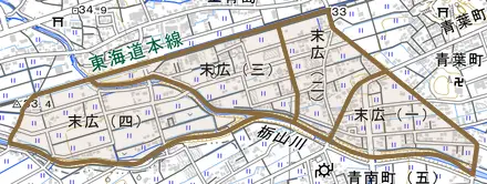 末広とその周辺の地図。町の範囲を重ねている