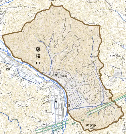 助宗とその周辺の地図。町の範囲を重ねている