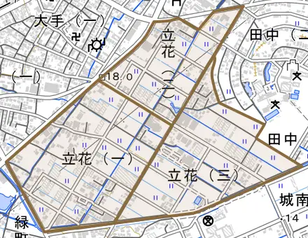立花とその周辺の地図。町の範囲を重ねている