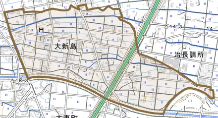 大新島とその周辺の地図。町の範囲を重ねている