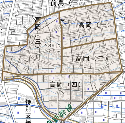 高岡とその周辺の地図。町の範囲を重ねている