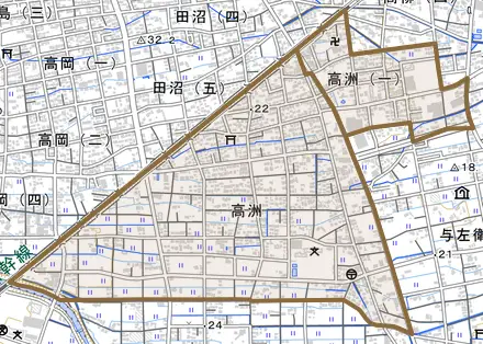 高洲とその周辺の地図。町の範囲を重ねている
