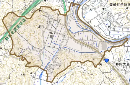 高田とその周辺の地図。町の範囲を重ねている