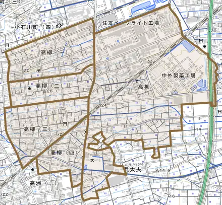 高柳とその周辺の地図。町の範囲を重ねている