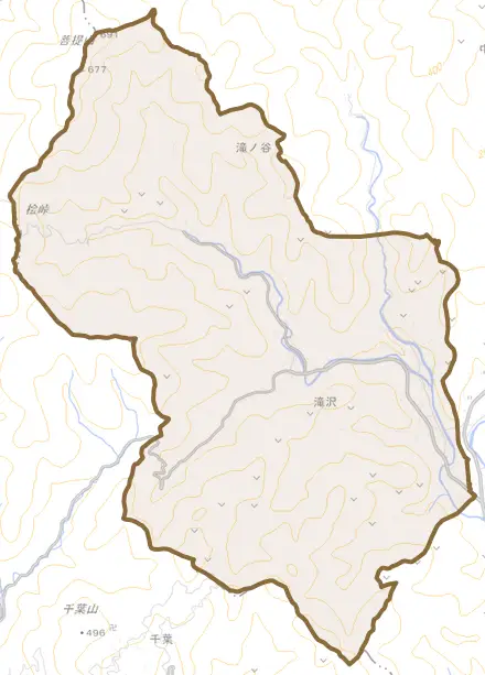 滝沢とその周辺の地図。町の範囲を重ねている