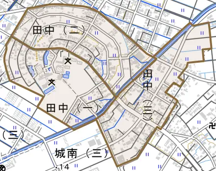 田中とその周辺の地図。町の範囲を重ねている