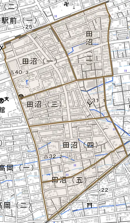 田沼とその周辺の地図。町の範囲を重ねている