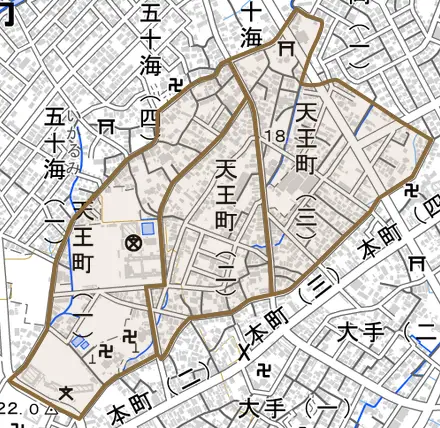 天王町とその周辺の地図。町の範囲を重ねている